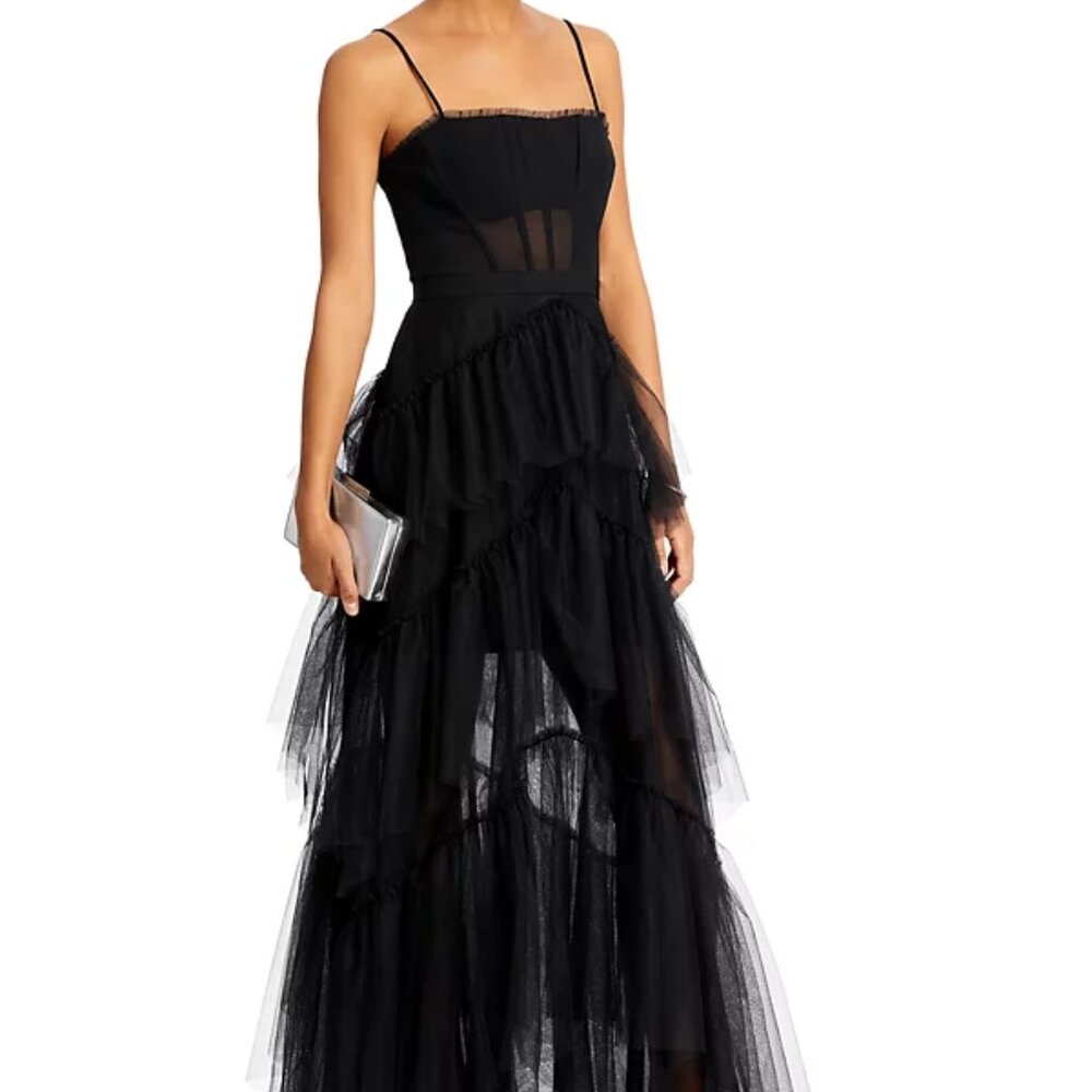 BCBGMAXAZRIA Black Tulle Corset Gown – Tiered Ruffle Maxi Formal Dress